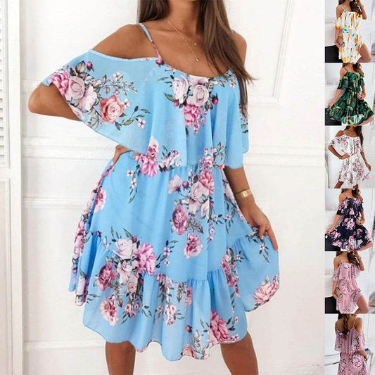 Flower Printed Ruffled Suspender Dress Summer Off-the-shoulder Strap Dresses Women - Velora