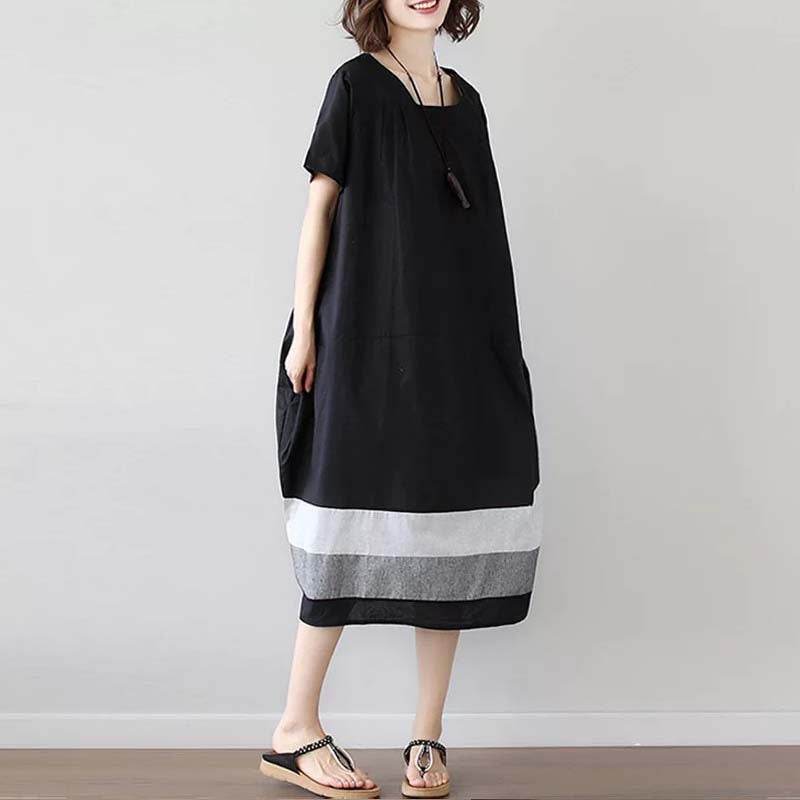 Cotton And Linen Short Sleeve Dress Large Size Women's Mid Length - Velora