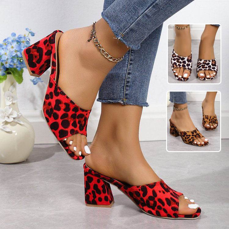 Leopard Square Toe Sandals Summer High-heeled Slippers Chunky Heel Shoes For Women - Velora