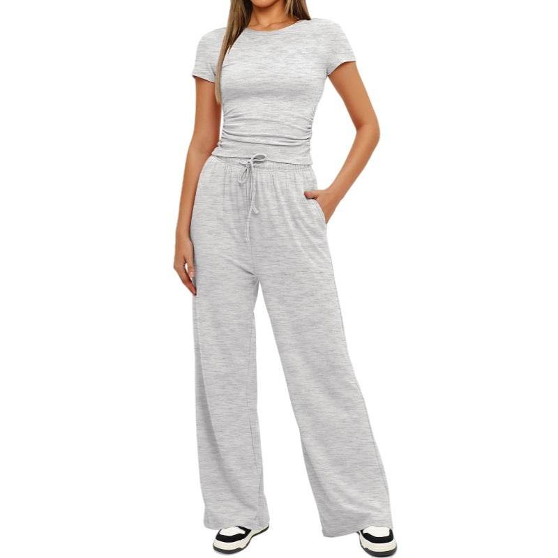 Fashion Casual Set Pleated Short Sleeves Top And Trousers - Velora