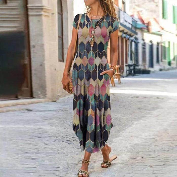 Round Neck Pocket Short Sleeve Trendy Printed Dress - Velora