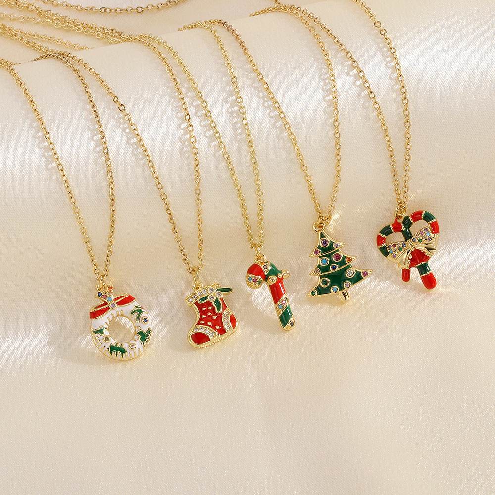 Christmas Tree Santa Claus Elk Snowman Oil-drop Necklace With Colored Rhinestones Ins Festival Clavicle Chain Necklace For Women Jewelry - Velora