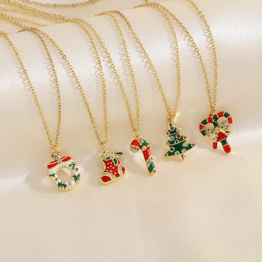 Christmas Tree Santa Claus Elk Snowman Oil-drop Necklace With Colored Rhinestones Ins Festival Clavicle Chain Necklace For Women Jewelry - Velora
