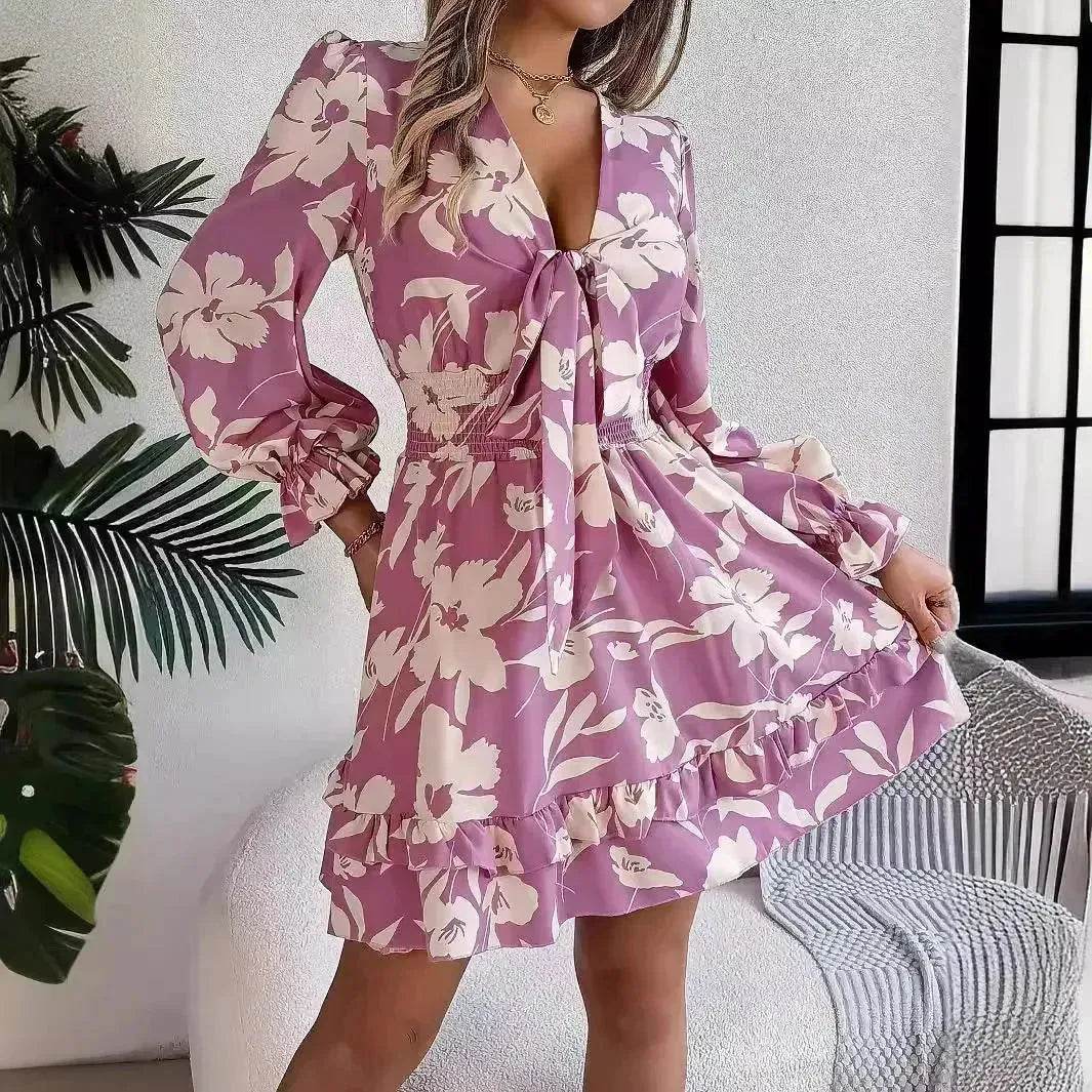 New Floral Printed V-Neck Long Sleeve Dress Fashion Ruffles Bowknot A-Line Short Mini Skater Dress Women's Clothing - Velora