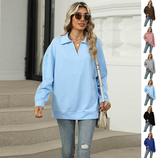 New Lapel V-neck Sweatshirt Fashion Casual Loose Solid Color Long-sleeved Pullover Top For Womens Clothing - Velora