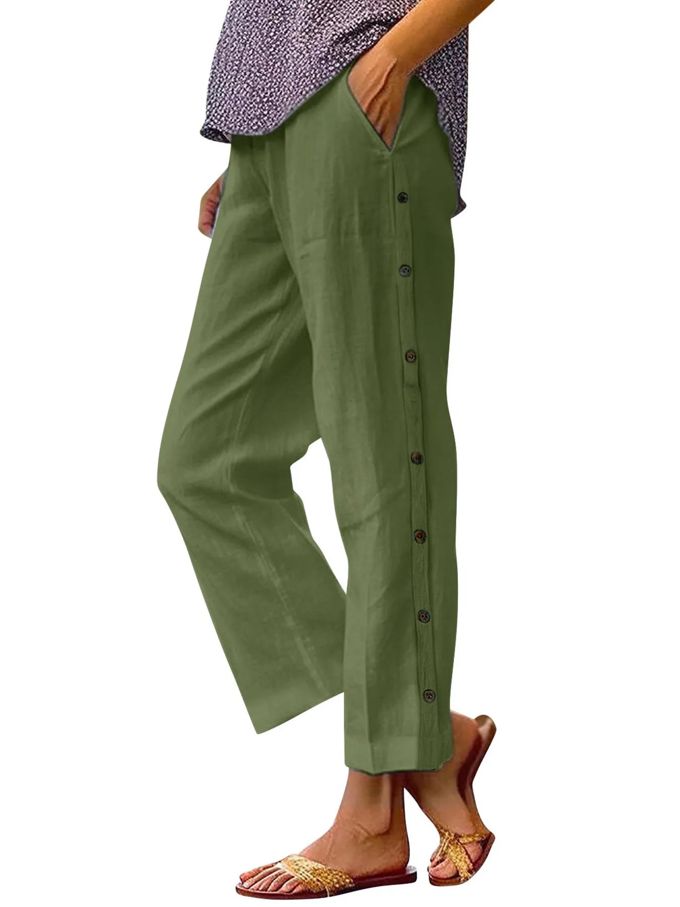 Full Size Side Decor Button Casual Wide Leg Pants Plus Size - Velora