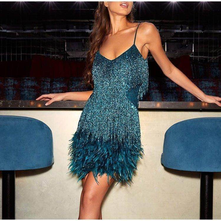 Sexy Tassel Sequins Feather Summer Mini Dress Women V Neck Spaghetti Strap Stitching Dresses Female Elegant Evening Party Club Dress - Velora
