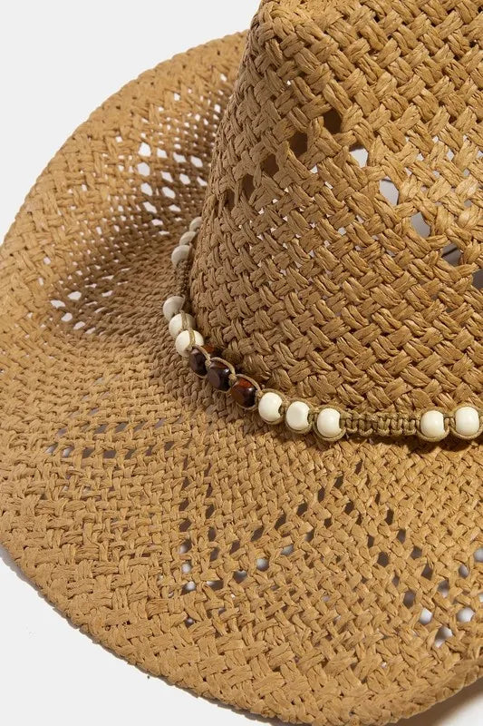 Fame Mixed Beaded Strap Western Fedora Straw Hat - Velora