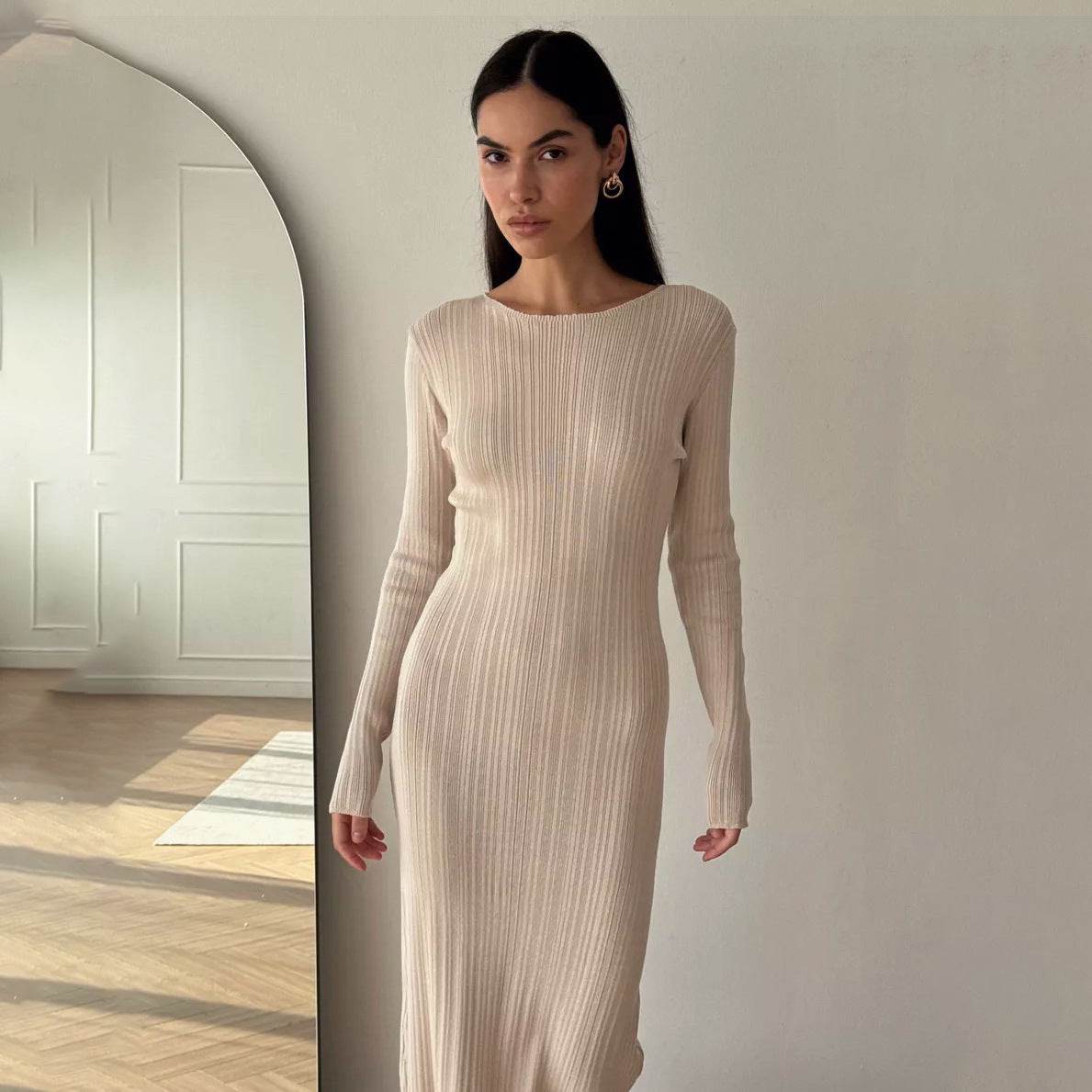 Sunken Stripe Waist-tight Hip Knitwear Dress Long Sleeve - Velora