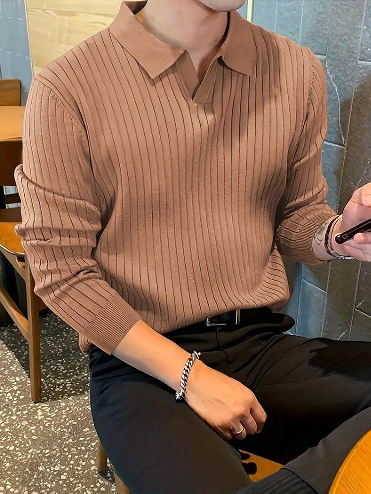 Lapel Texture Stretch Slim Knit Polo Shirt Men Polo Shirt Fashion Waffle Long-sleeved Tops Clothing Casual Comfortable Golf Men's Clothing - Velora