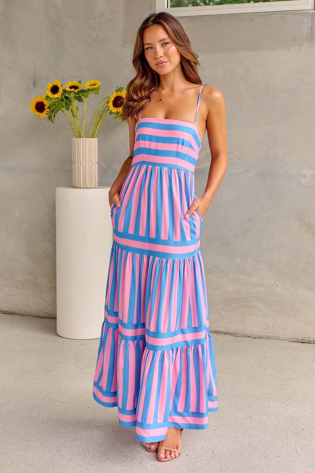 Summer Striped Printed Suspender Long Dress With Pockets Fashion Square Neck Backless Dresses For Beach Vacation Women Clothing - Velora