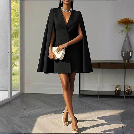 Formal V Neck Double-Breasted Mini Cape Sleeve Dress - Velora