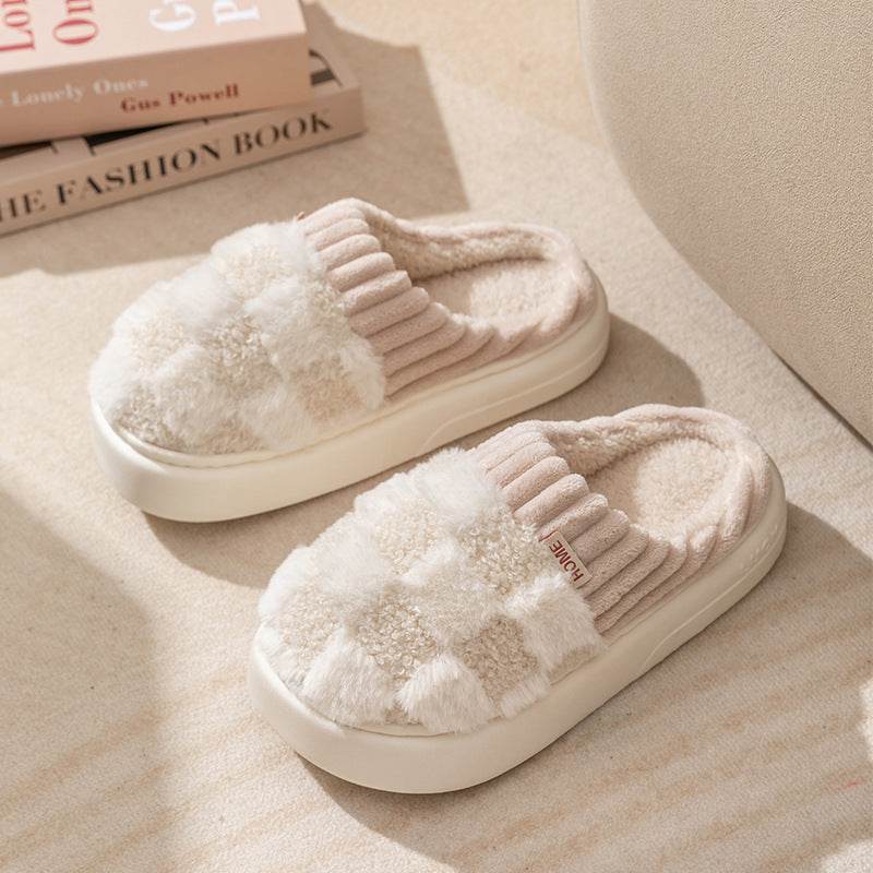 Plaid Plush Slippers Women's Indoor Plush Home Slippers Soft Sole Thick Non-Slip Warm House Shoes Couple Autumn And Winter - Velora