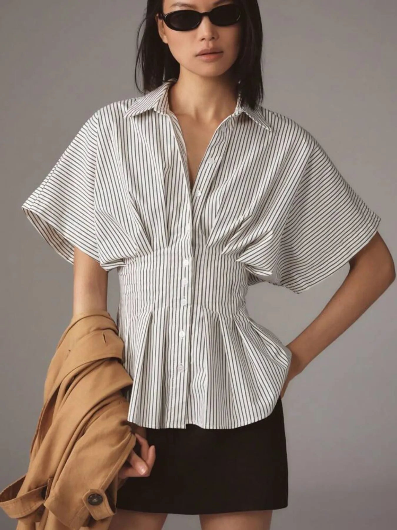 Striped Short Sleeve Button-Up Shirt - Velora