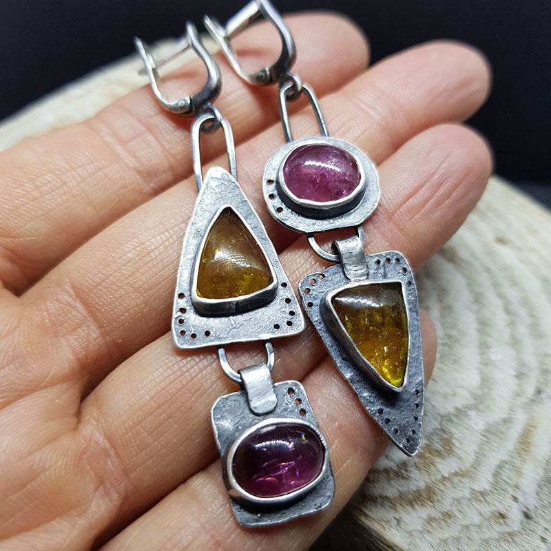 Hecheng Retro Geometric Triangle Metal Pendant Earrings Purple Orange Asymmetric Earrings Women's Retro Jewelry Gift Cross - Velora