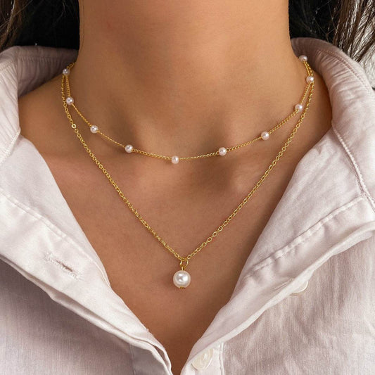 Fashion Jewelry Women's Pearl Tassel Pendant Double-layer Necklace Gold Pearl Necklace For Women - Velora