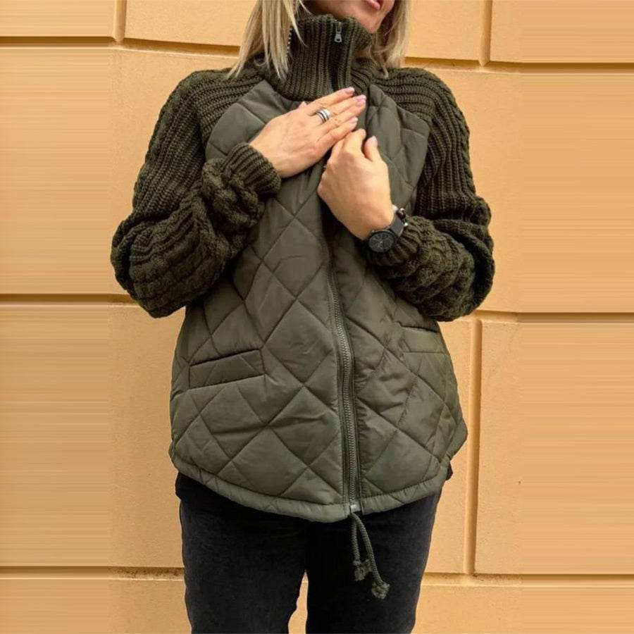 Stand Collar Cotton Jacket With Pockets Fashion Knitted Stitching Zipper Coat Winter Warm Tops For Women - Velora