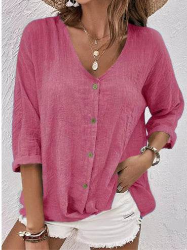 V-neck Long-sleeved T-shirt Fashion Solid Color Button Top Casual Loose Clothing For Women - Velora