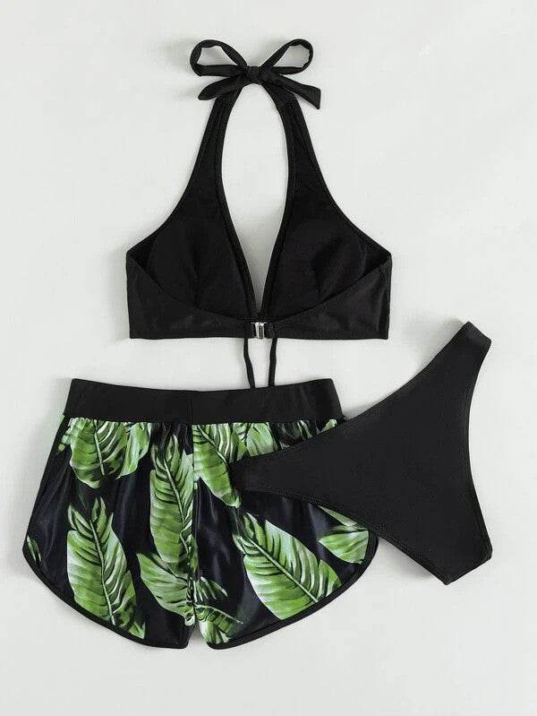3pcs Leaf Print Bikini With Shorts Fashion Summer Beach Swimsuit Womens Clothing - Velora