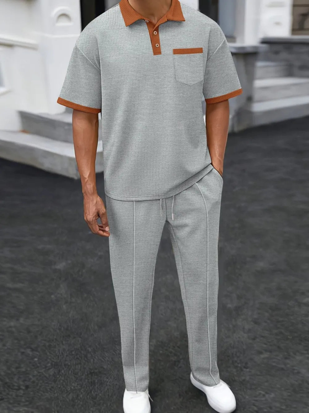 Men's Full Size Waffle-Knit Contrast Polo and Pants Set Plus Size - Velora