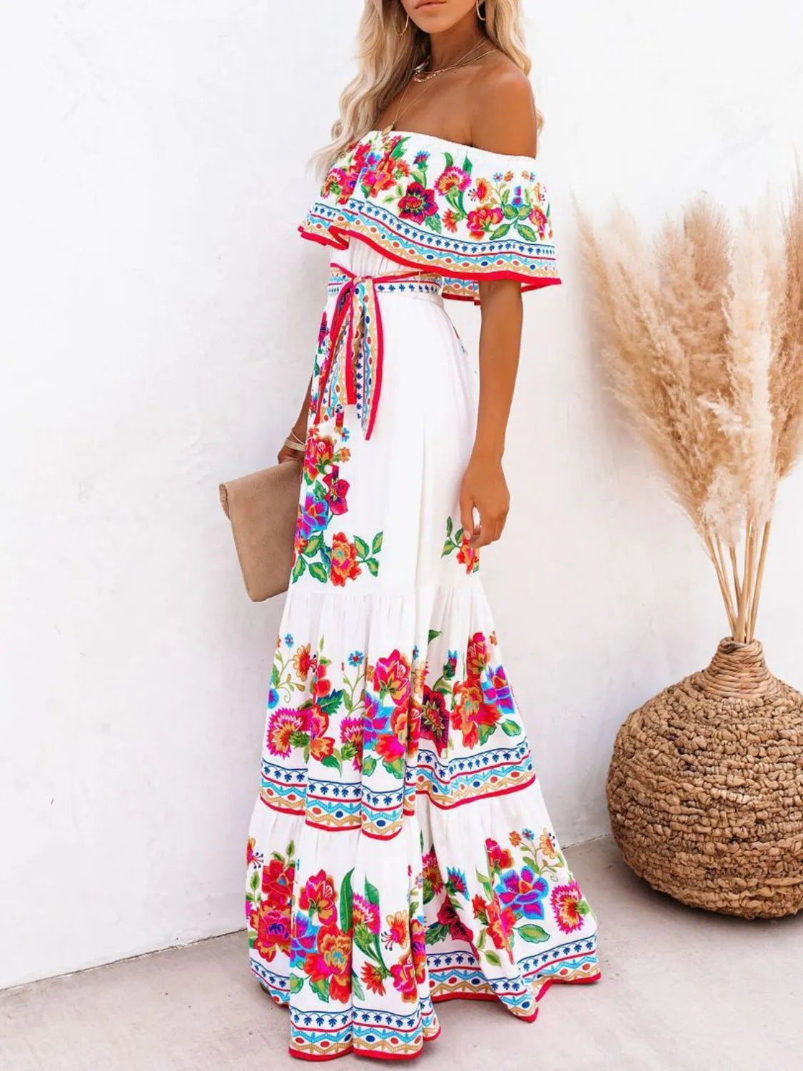Floral Off Shoulder Ruffle Maxi Dress - Velora