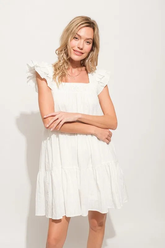 And The Why Origami Pleating Ruffled Sleeve Tiered Dress - Velora