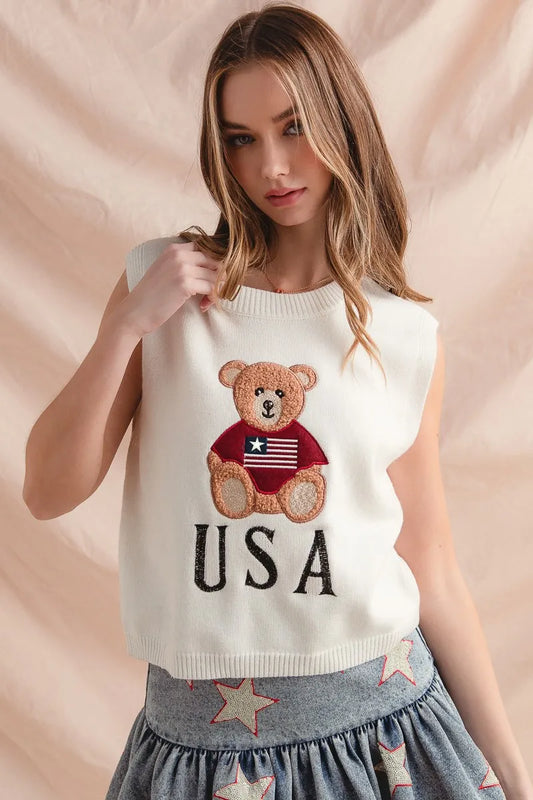 SO ME Teddy Bear Wearing An American Flag With Usa Embroidered Sweater Vest - Velora
