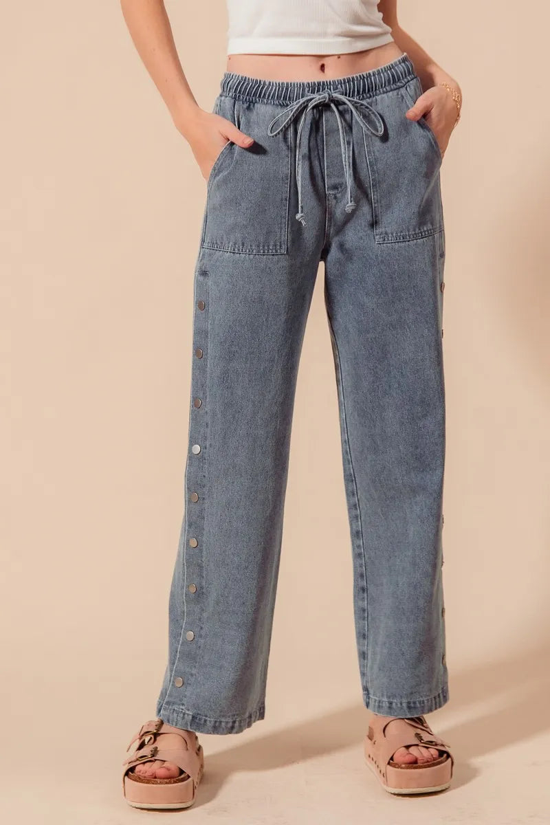 SO ME Mid Rise Drawstring Jeans with Side Snap Button - Velora