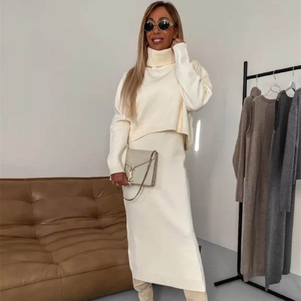2pcs Sweater Suit Winter Fashion Turtleneck Pullover And Sleeveless Long Dress Womens Clothing - Velora