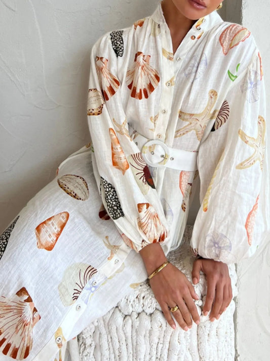 Printed Balloon Sleeve Maxi Shirt Dress - Velora