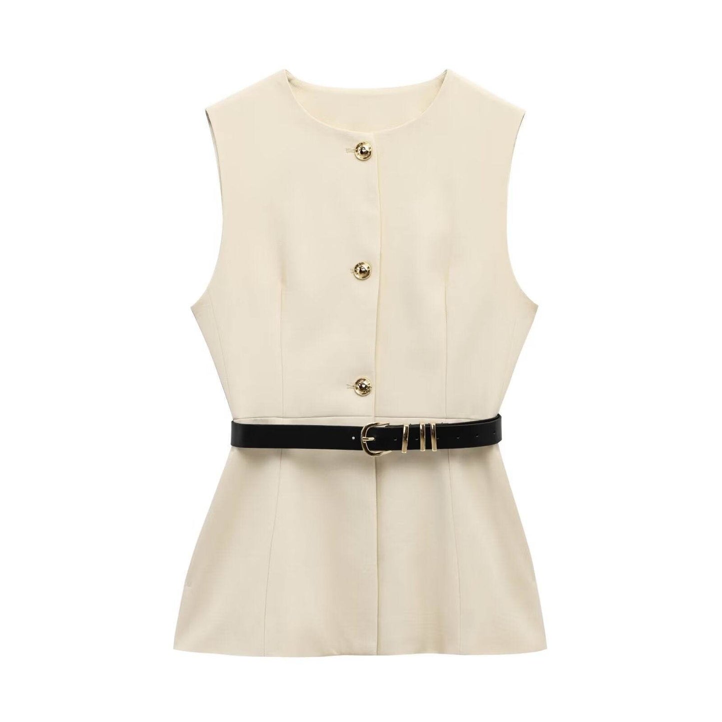 Belt Simple Sleeveless Shirt Bandage Dress Waist-tight Vest - Velora