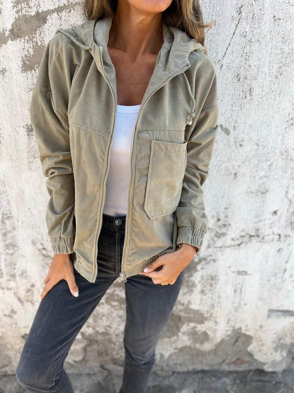 Corduroy Hooded Zip-up Jacket With Pockets Fashion Casual Drawstring Tops Outerwear Women's Clothing - Velora