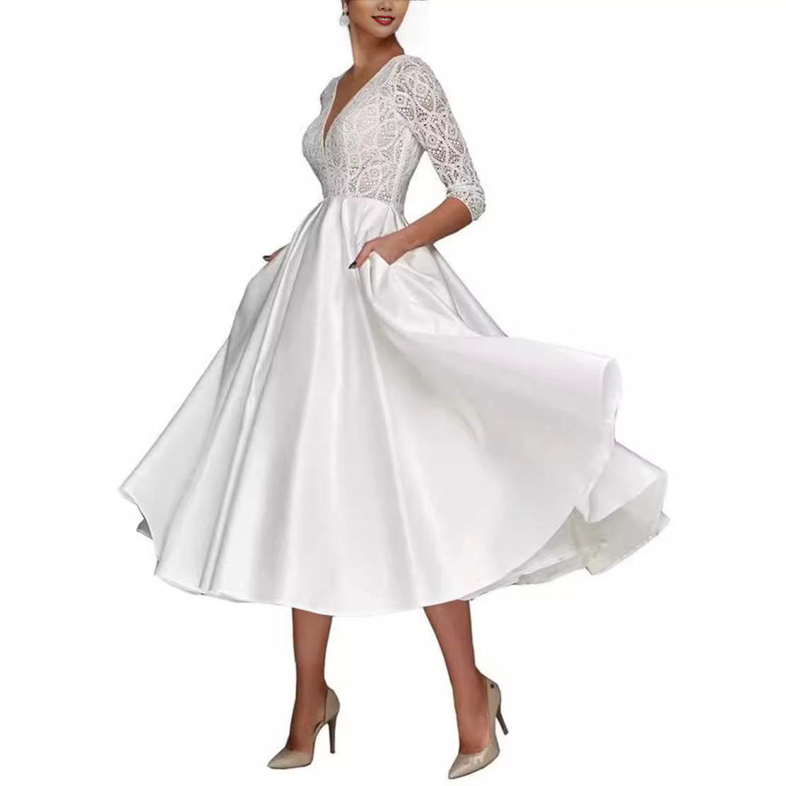 Bridal Deep V-neck Slim Lace Mid-length Long Sleeve Wedding Dress - Velora