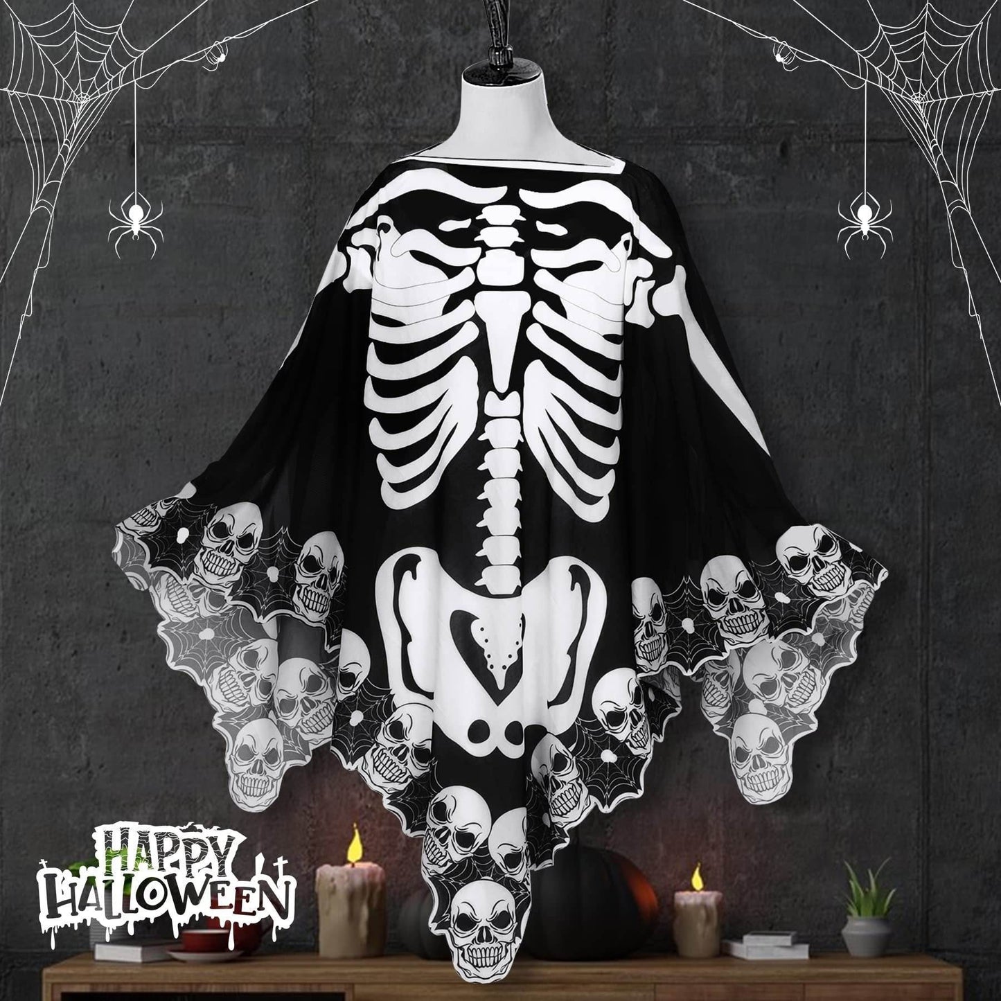 Halloween Lace Poncho Plus Size Halloween Skeleton Cape Day Of The Dead Costumes For Women 59 Inches X 59 Inches -Selling On Amazon Is Prohibited - Velora