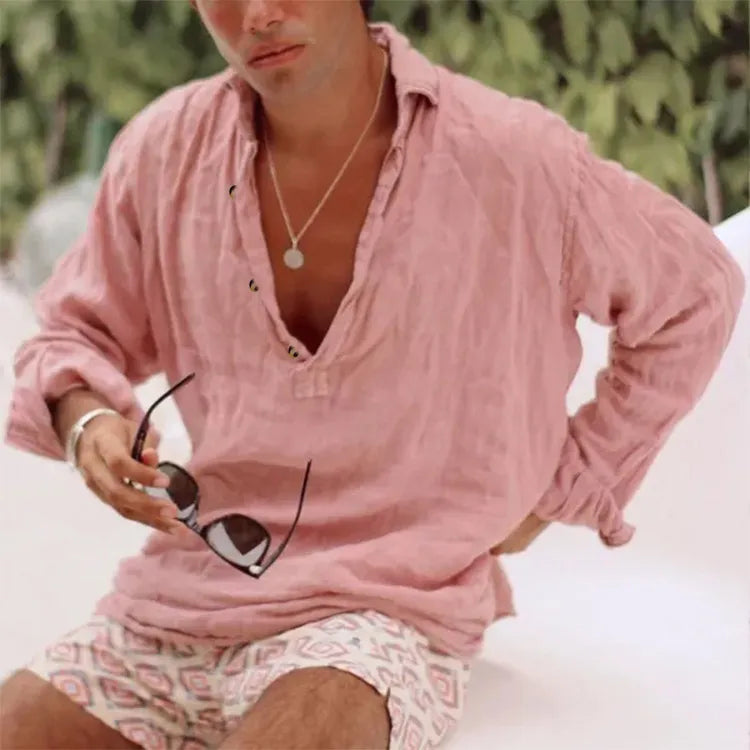 Men's Full Size Casual Linen Long Sleeve Top Plus Size - Velora