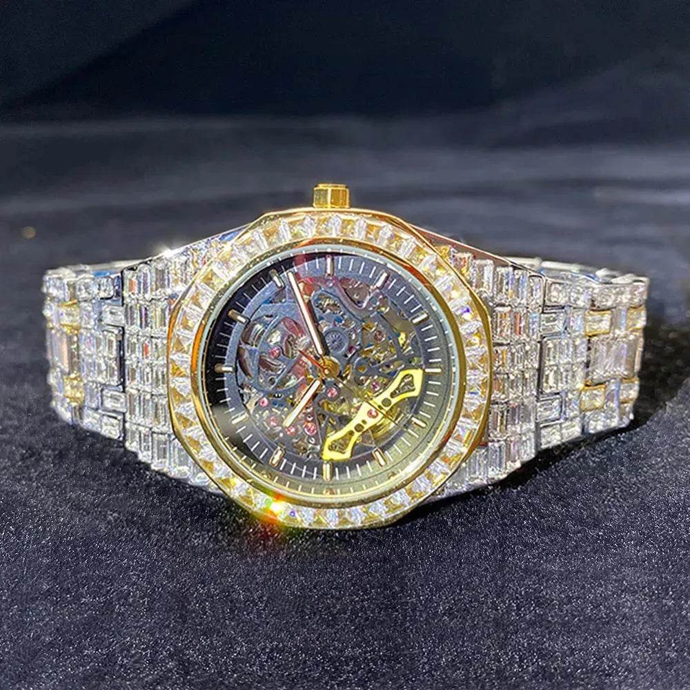 Hip Hop Full Square Diamond Luminous Hollow Mechanical Watch - Velora