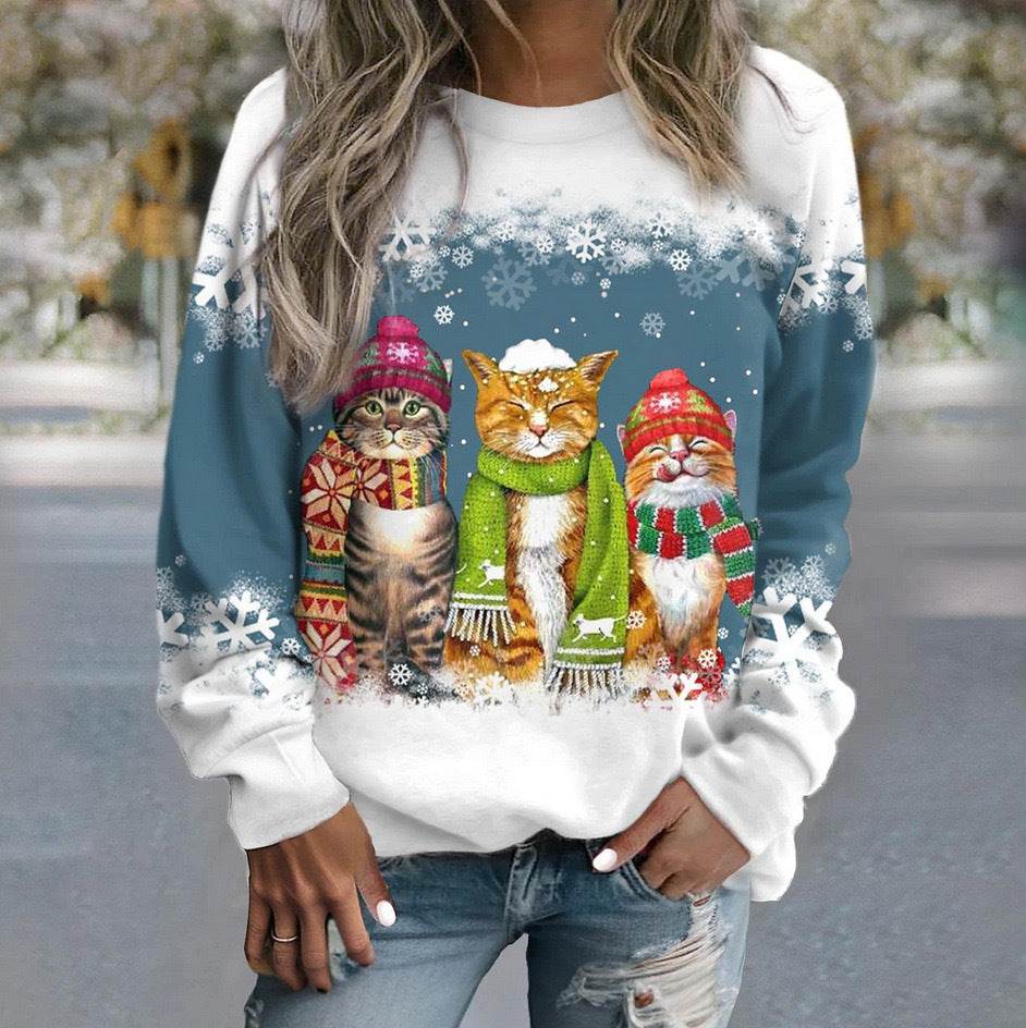 Cross-border Women's Christmas New Snowman And Cat Printed Long Sleeve Casual Loose-fitting T-shirt Christmas Supplies - Velora