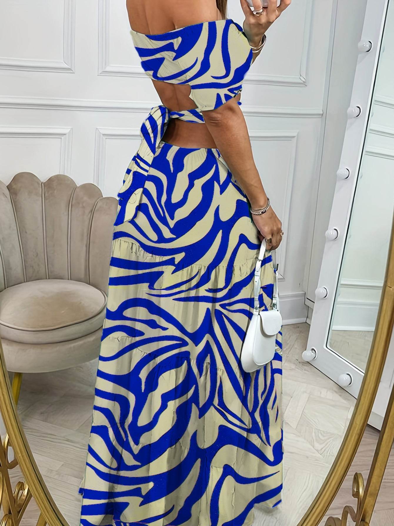 Printed One-line Collar Short-sleeved Long Dress With Hollow Waist Design Summer Vacation Dresses For Women Clothing - Velora