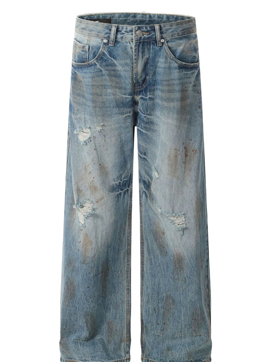 Men's Vintage Distressed Wide Leg Denim Jeans - Velora