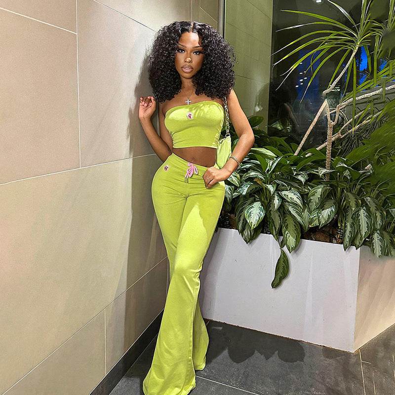 Fashion Summer Suit Embroidery Tube Top And High Waist Drawstring Bell-bottomed Pants Two-piece Set Womens Clothing - Velora