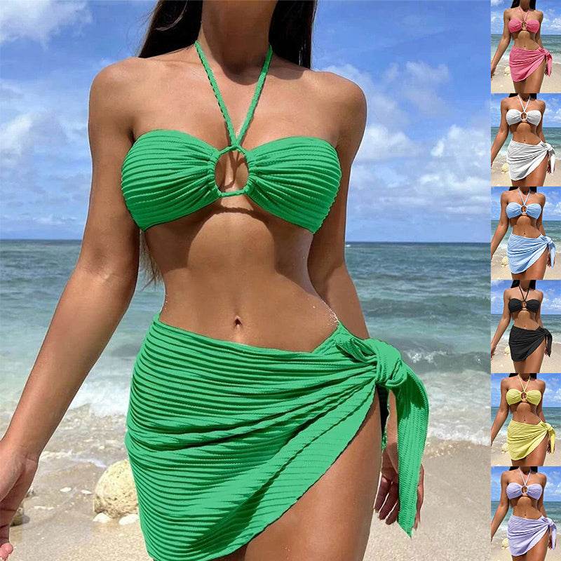 3pcs Solid Color Stripe Swimsuit Sexy Summer Beach Bikini Set Womens Clothing - Velora