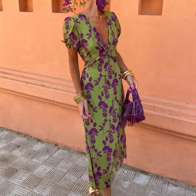 Summer V-neck Short-sleeved Dress Fashion Flowers Printed Slim Beach Dresses For Women Clothing - Velora