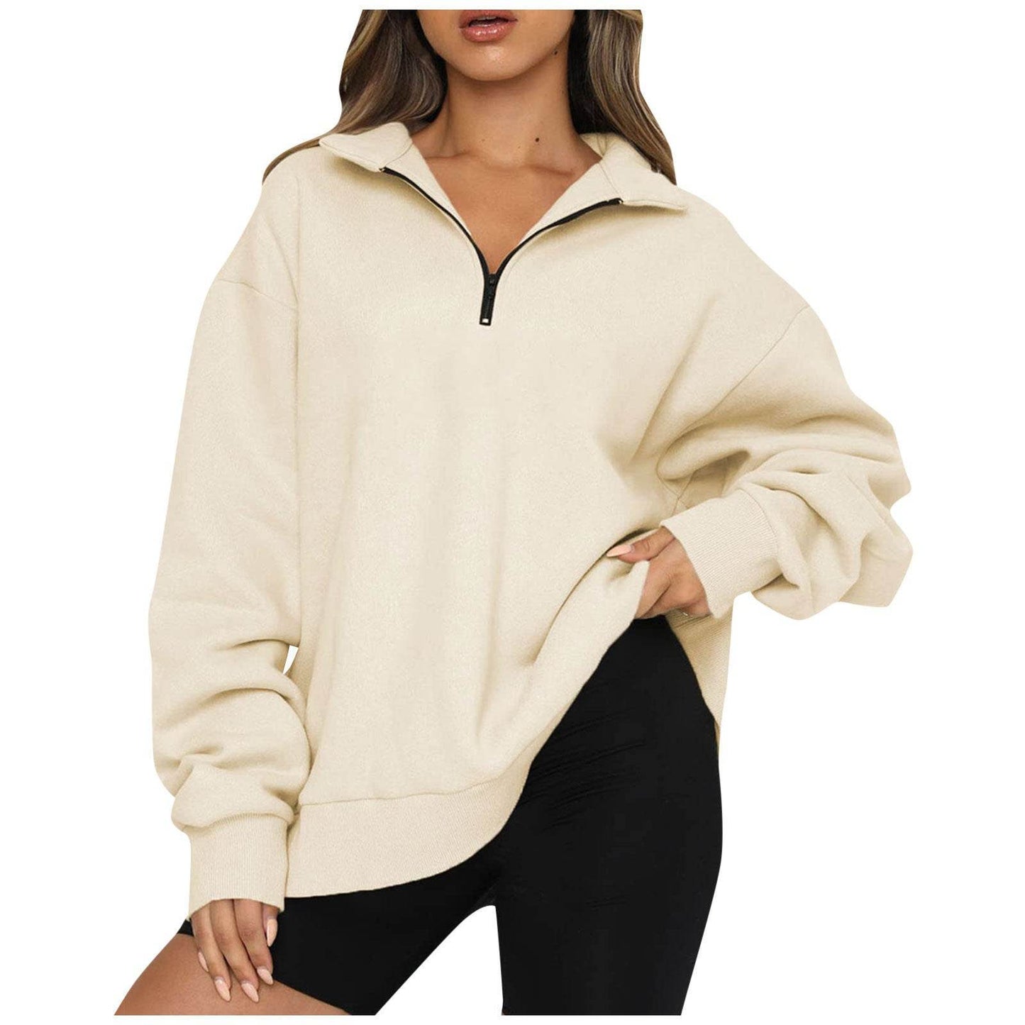 Women Sweatshirts Zip Turndown Collar Loose Casual Tops Clothes - Velora