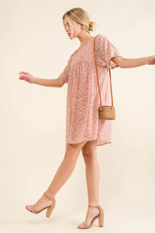 And The Why Woven Leopard Baby Doll Roll-Sleeve Casual Dress - Velora