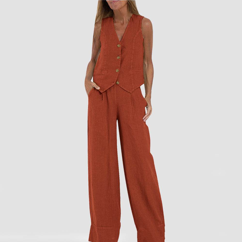 Summer Vest Suits V-neck Botton Sleeveless Top And Loose Straight Trousers Casual Womens Clothing - Velora