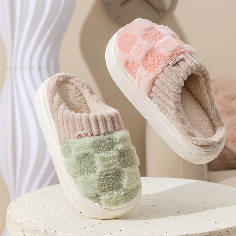 Plaid Plush Slippers Women's Indoor Plush Home Slippers Soft Sole Thick Non-Slip Warm House Shoes Couple Autumn And Winter - Velora