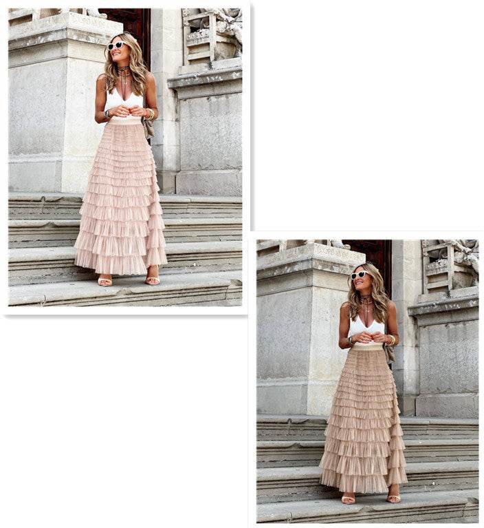 Layered Ruffles Cake Skirt Summer Fashion A Line Swing Mesh Long Skirt Party Dress Women - Velora