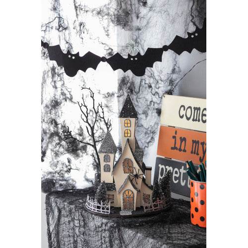 10x8.3x13.5 Cardboard Lighted Haunted House, Black Beige Tabletop Holiday Halloween Decor, Battery Powered - Velora