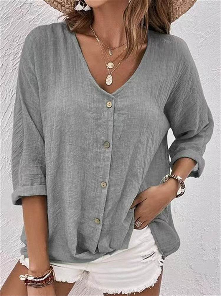 V-neck Long-sleeved T-shirt Fashion Solid Color Button Top Casual Loose Clothing For Women - Velora