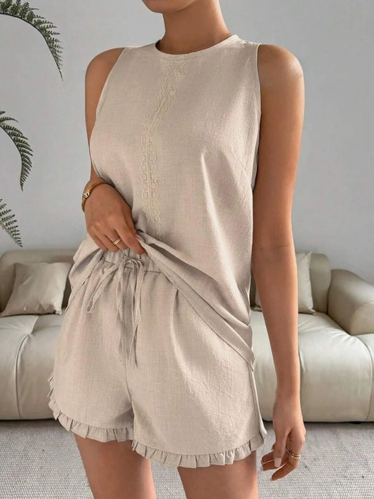 Lace Detail Round Neck Tank and Shorts Set - Velora